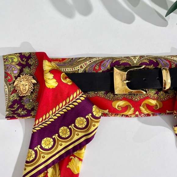 Vintage Gianni Versace Red & Gold Baroque Silk Belt with Medusa Medallions - Picture 5 of 8